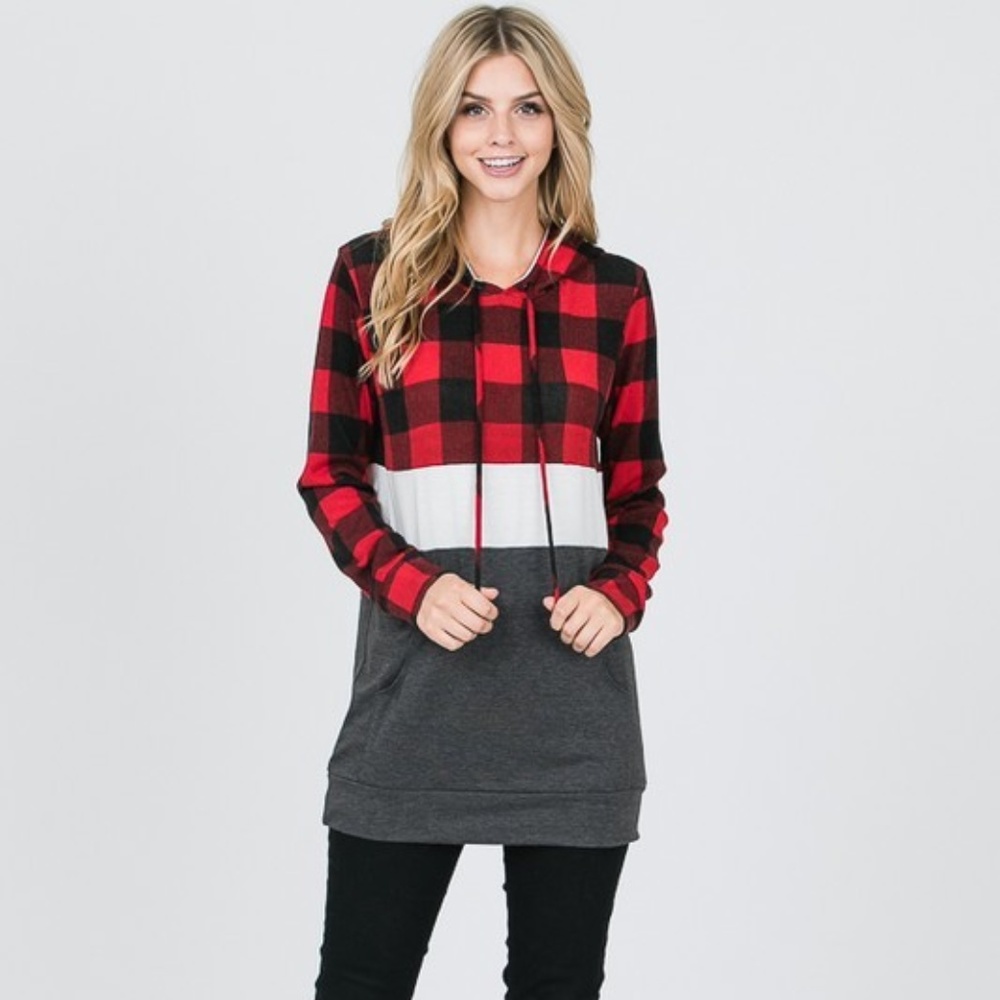 Grey & Red Color Block Buffalo Plaid Hoodie - Picture 3 of 4